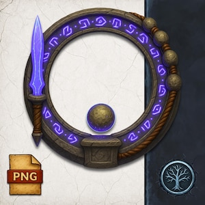 May include: A fantasy-themed illustration featuring a circular frame with glowing purple runes. A blue, glowing sword is on the left, and a golden sphere rests on a stone base. A PNG file icon is in the lower left corner.