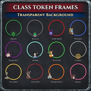 Fantasy RPG Class Token Borders: DnD, Pathfinder, Foundry, Roll20, Owlbear Rodeo (PNG Files)