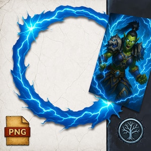 Puede incluir: Ilustración digital de un personaje de piel verde con efectos de rayos azules. El personaje está en una pose dinámica, rodeado por un marco de rayos azules. Un icono de archivo PNG está en la esquina inferior izquierda.
