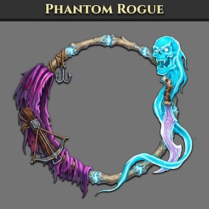 May include: A circular frame labeled PHANTOM ROGUE featuring a bone structure with blue energy, a purple tattered cloth, a wooden crossbow, a metal hook, and a glowing blue spectral skull attached to a curved blade with a brown leather-wrapped handle.