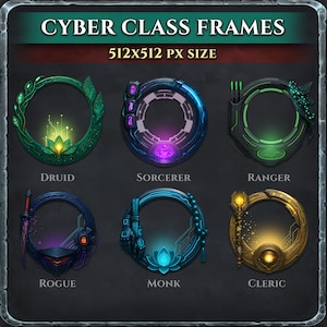 Op de afbeelding: Afbeelding met zes cirkelvormige Cyber Class Frames, elk met een uniek ontwerp en kleurenschema. De frames zijn gelabeld als Druïde, Tovenaar, Ranger, Schurk, Monnik en Geestelijke. De tekst "CYBER CLASS FRAMES" en "512x512 PX SIZE" staat bovenaan.