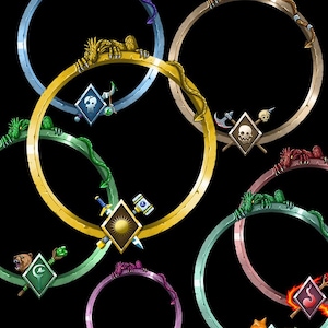 May include: A collection of circular frames in various metallic colors, each featuring a small creature perched on top and a diamond-shaped emblem at the bottom. The emblems display icons including skulls, weapons, a sun, a bear, and a fox paw print.
