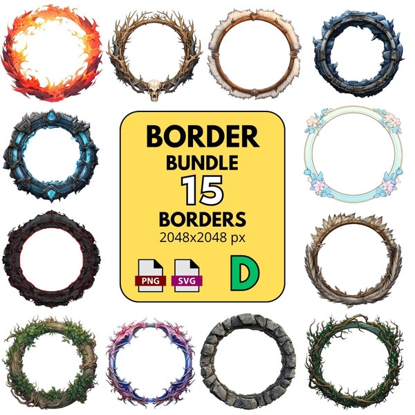 D&D Border Bundle 15 Token Borders for Tabletop Dungeons and Dragons Roll20 VTT Foundry Character Frames 2K PNG and SVG 2048x2048 px images