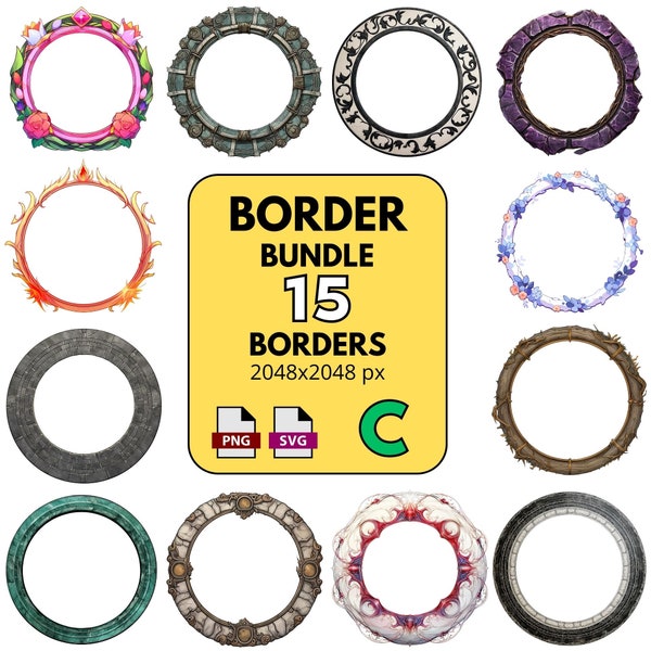 D&D Border Bundle 15 Token Borders for Tabletop Dungeons and Dragons Roll20 VTT Foundry Character Frames 2K PNG and SVG 2048x2048 px images