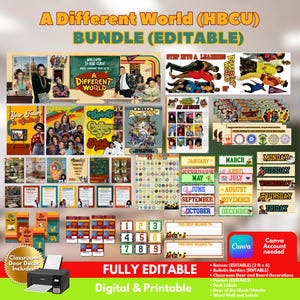 May include: A digital classroom decor bundle themed around A Different World, featuring editable posters, bulletin board borders, desk labels, and calendar elements. The set includes various graphics, text, and printable materials for educational use.