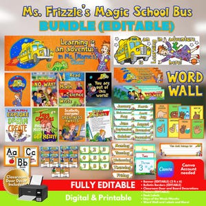Op de afbeelding: Een digitale klaslokaal decoratieset met het thema Magic School Bus met Ms. Frizzle. Bevat bewerkbare banners, posters, woordmuren, kalenders, bureau-etiketten en klassenregels. Voorzien van gele busafbeeldingen, educatieve tekst en kleurrijke illustraties op een printbare lay-out.