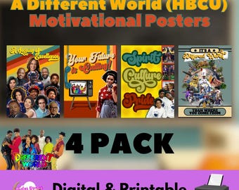 May include: A set of four digital and printable motivational posters featuring images and text related to Historically Black Colleges and Universities (HBCUs). The posters are in a retro style with bright colors and bold fonts. The text on the posters includes "A Journey of Excellence", "Your Future is Calling", "Spirit Culture Pride", and "It's a Different World Than Where You Come From".