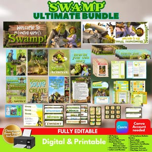 Op de afbeelding: Een digitaal en printbaar klaslokaal decoratiepakket met Shrek-personages. Bevat posters, banners, leerlingenbladen en labels met tekst zoals Welcome to Ms. [ENTER NAME]'s Swamp, Rewrite your own story en Explore Solve Create.