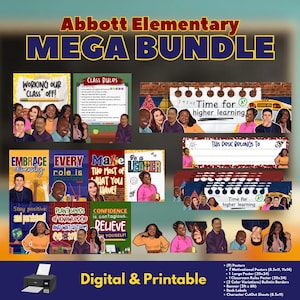 May include: A digital printable mega bundle for teachers. The bundle includes posters, classroom rules, bulletin borders, banners, desk labels, and character cutouts. The posters feature motivational quotes and illustrations of diverse people. The text on the posters includes phrases like "Embrace diversity", "Every role is important", "Make the most of what you have", "Be a leader", "Plant seeds of knowledge and watch them grow", "Confidence is contagious", "Believe in yourself", "Working our class off!" and "Time for higher learning".