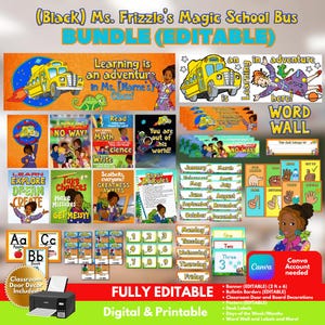 May include: A digital classroom decor bundle featuring Ms. Frizzle and a yellow school bus theme. Includes editable banners, posters, word wall cards, desk labels, and calendar sets with months, days, and numbers. Features colorful graphics.