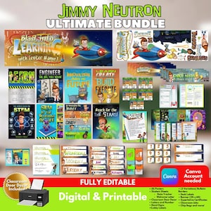 May include: A Jimmy Neutron Ultimate Bundle digital classroom decor set featuring posters, banners, student sheets, and labels. The collection includes colorful graphics of Jimmy Neutron characters, science themes, and text like Blast into Learning.