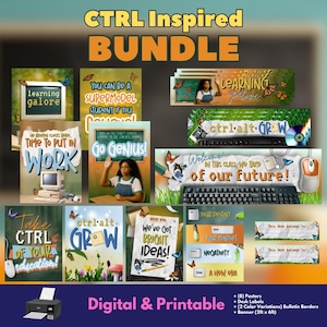 Puede incluir: Un paquete digital e imprimible con carteles, etiquetas de escritorio, bordes de boletines y una pancarta. Los diseños incluyen frases motivadoras como "Go Genius!" y "We've Got Bright Ideas!" con gráficos de mariposas y naturaleza. Incluye una impresora.