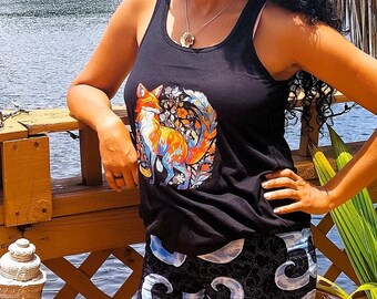 Colorful Fox Print Racerback Tank Top - Boho Hippie Style