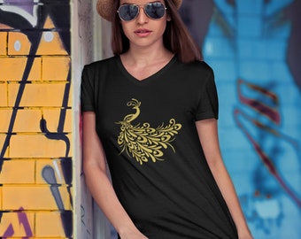 Gold Peacock T-shirt Gift for her him Black and Gold Peacock Shirt gift for bird lover peacock feather shirt. Stylish Peacock Black and Gold