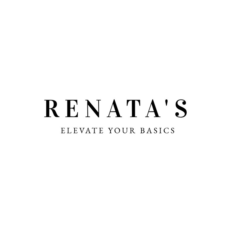 May include: Black and white logo for a business called "RENATA'S" with the tagline "Elevate Your Basics".