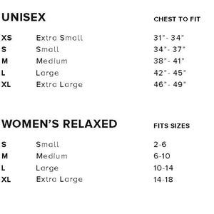 May include: Size chart for unisex and women's clothing. The chart shows sizes from XS to XL with corresponding chest measurements in inches for unisex sizes and corresponding dress sizes for women's sizes.