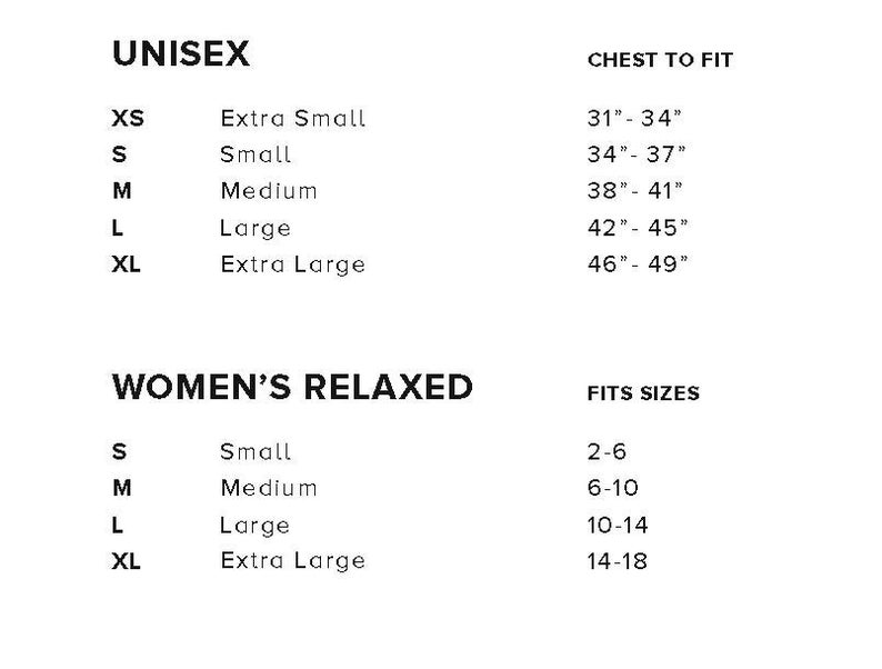May include: Size chart for unisex and women's clothing. The chart shows sizes from XS to XL with corresponding chest measurements in inches for unisex sizes and corresponding dress sizes for women's sizes.