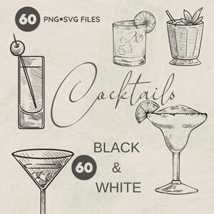 Clipart cocktail d'autore, menu bevande matrimonio, cocktail disegnati a mano, illustrazioni bevande SVG e PNG, cocktail matrimonio linea, addio al celibato