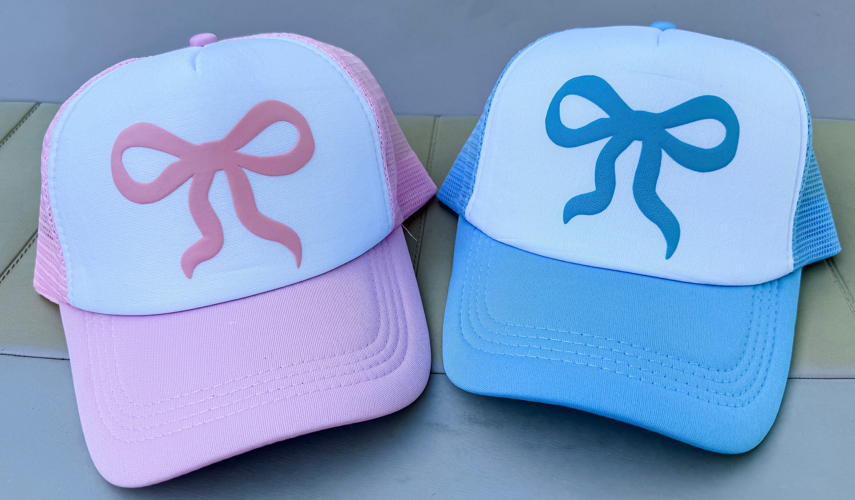 Hand Burned Pink Bow Trucker Hat, Bow Baseball Cap, Bow Snapback Bow Vintage Trucker Hat - Pink Blue Grandmillenial Style - Etsy main image 3