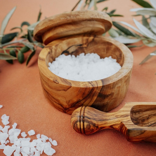 Olive Wood Salt Cellar, Handmade Wooden Salt Jar, Olive Wood Spice Box, Wooden Salt Container, Salt Holder, Olive Wood Box, Wooden Salt Box