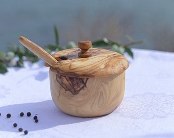 Wooden Salt Cellar with Spoon,Olive Wood Sugar Bowl, Spice Can,Handmade Olive Wood Salt Cellar,Spice Box, Spice Container, Kitchen Container