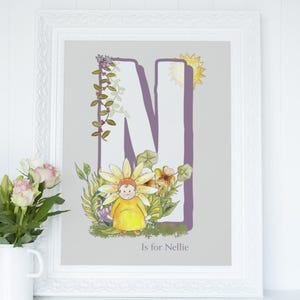 Arte con letras personalizado. Arte mural de hadas para niños. Ilustración de hada de las flores.