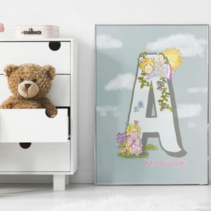 Ilustración de hadas del alfabeto. Arte con letras personalizado. Arte mural de hadas para niños