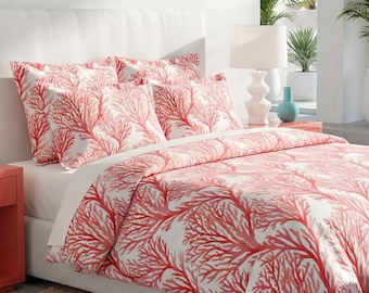 Conjunto de capa de edredom em algodão vermelho, roupa de cama estilo aquarela para casa de praia, roupa de cama para Airbnb, decoração tropical para quarto de hóspedes com tema de aquarela.