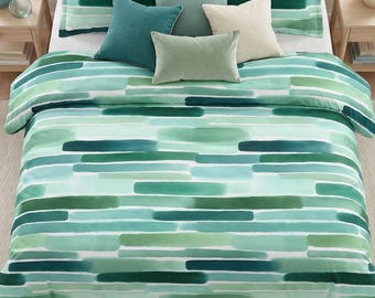 Watercolor Bedding — Green Blue Duvet Cover Set, Sage Coastal Artist Made Beach House Airbnb Decor, Cotton or Microfiber, Queen King Twin