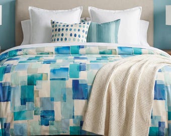 Palm Beach Cotton Duvet Set, Watercolor Bedding Aqua Teal Blue Duvet Cover Set, Artist Coastal Beach House Airbnb Decor, Queen King Twin