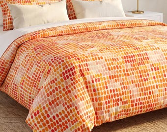 Coastal Maximalist Bettwäsche, Handgemaltes Bettwäsche-Set, Rot Orange Handbemalte Bettwäsche, Modernes Karibisches Schlafzimmer, Palm Beach Style, Airbnb
