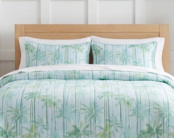 Green Palm Tree Cotton Duvet Cover Set, Tropical Watercolor Palm Bedding, Coastal Botanical Bed Set, Beach House AirBNB Bedding