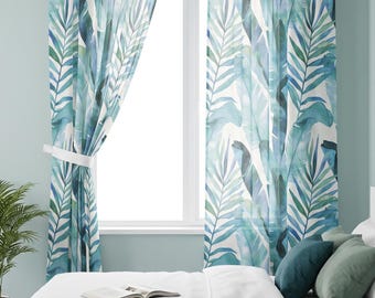 Palm Leaf  Sheer  Window Curtain, Blue & Green Coastal Window, Watercolor Decor