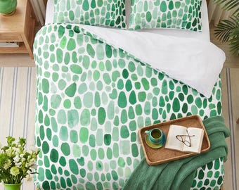 Watercolor Bedding — Green Duvet Cover Set, Emerald Sea Glass Dots, Artist Made Beach House Decor, Cotton or Microfiber, Queen King Twin