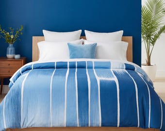 Ensemble housse de couette en coton à rayures bleues, literie maison de plage côtière colorée, literie Airbnb, déco de chambre d'artiste aquarelliste tropicale