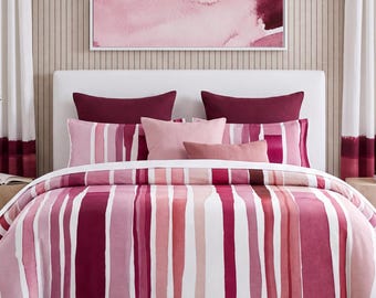 Red Magenta Cotton Duvet Cover Set, Watercolor Bedding, Artist Made, Beach House Airbnb Decor, Microfiber or 100% Cotton, Queen King Twin