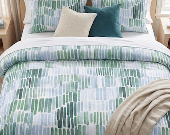 Aquarell Bettwäsche - Grün-Blau Bettbezug-Set, Sage Küstenkünstler Strandhaus Airbnb-Dekor, Baumwolle oder Mikrofaser, Königin König Zwilling