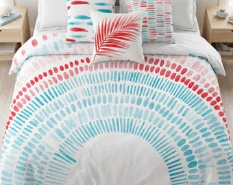Watercolor Duvet Cover Set — Coral & Turquoise Coastal Bedding, Artist Made Beach House Airbnb, Cotton or Microfiber, Queen King Twin