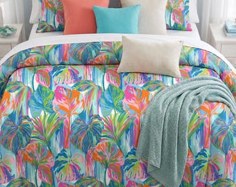 Palm Beach Cotton Duvet Cover Set, Tropical Watercolor Bedding, Floral Cotton Duvet Cover, Beach House Bedroom,Queen King, AirBnb Decor