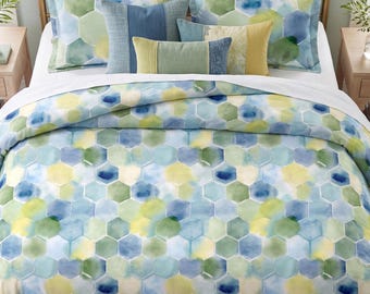 Cotton Duvet Cover Set — Green Honeycomb Watercolor Bedding, Geometric Coastal Airbnb Decor, Cotton or Microfiber, Queen King Twin