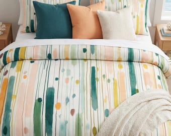 Abstract Watercolor Stripe Cotton Duvet Cover Set — Yelllow Peach Sage Coastal, Beach House Airbnb, Cotton or Microfiber, Queen King Twin