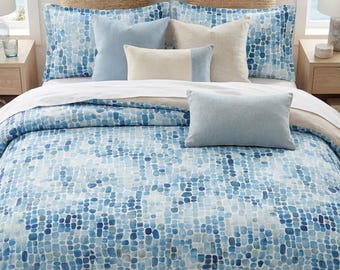 Blue Cotton Duvet Cover Set —Mosaic Watercolor Bedding, Painted Dot Coastal Airbnb Decor, Queen King Twin, Beach House Bedding