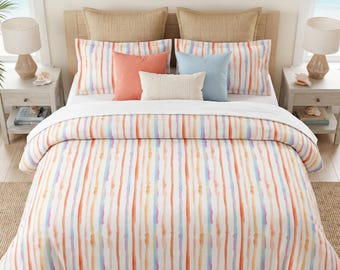 Abstract Watercolor Stripe Cotton Duvet Cover Set — Coral, Blue, Magenta Coastal, Beach House Airbnb, Cotton or Microfiber, Queen King Twin