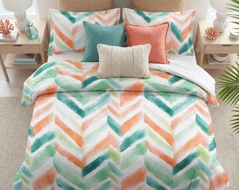Watercolor Duvet Cover Set — Coral & Teal Chevron Coastal Bedding, Artist Made Beach House Airbnb, Cotton or Microfiber, Queen King Twin