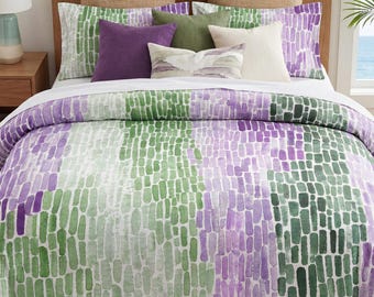 Watercolor Cotton Duvet Cover Set — Green and Purple Sea Glass Coastal Bedding, Artist Made Beach House Airbnb, Queen King Twin