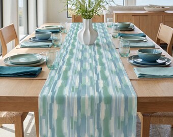 Table Runner, Aqua Blue Coastal Decor, Turquoise Brushstroke Modern Home Accent, Colorful Cotton Dining Room Accessory, Coastal Kitchen
