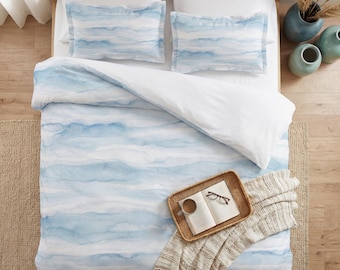 Misty Blue Watercolor Cotton Duvet Cover Set — Painterly Coastal Horizon Bedding, Beach House Airbnb, Cotton or Microfiber, Queen King Twin