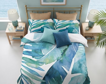 Palm Leaf Duvet Cover — Hand Painted Watercolor Coastal Bedding, Cotton or Microfiber, Beach House Airbnb Decor, Queen King Twin