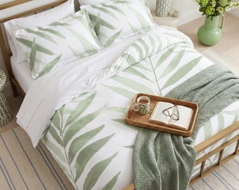 Palm Leaf Coastal Cotton Duvet Cover Set, Sage Watercolor Duvet, Coastal Maximalist Bedding, Tropical, Queen King Twin, AirBNB Bedding