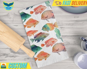 Watercolor Fish Tea Towel,  Vibrant Kitchen Decor - Soft Orange, Yellow, and Green Underwater Scene - Unique Gift for Home